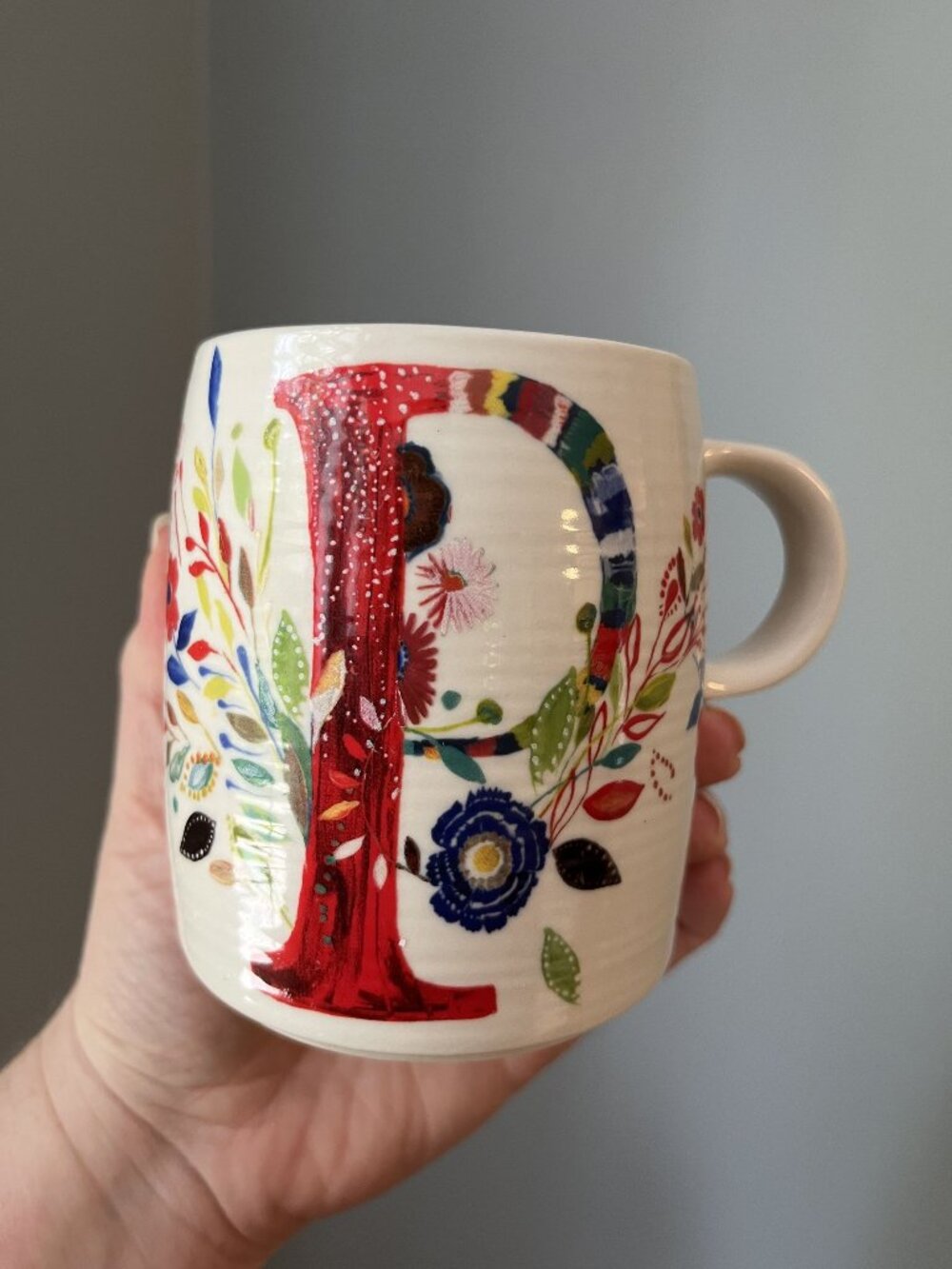 Anthropologie Signed Starla M. Halfmann Monogram P Floral Ribbed Ceramic Mug
